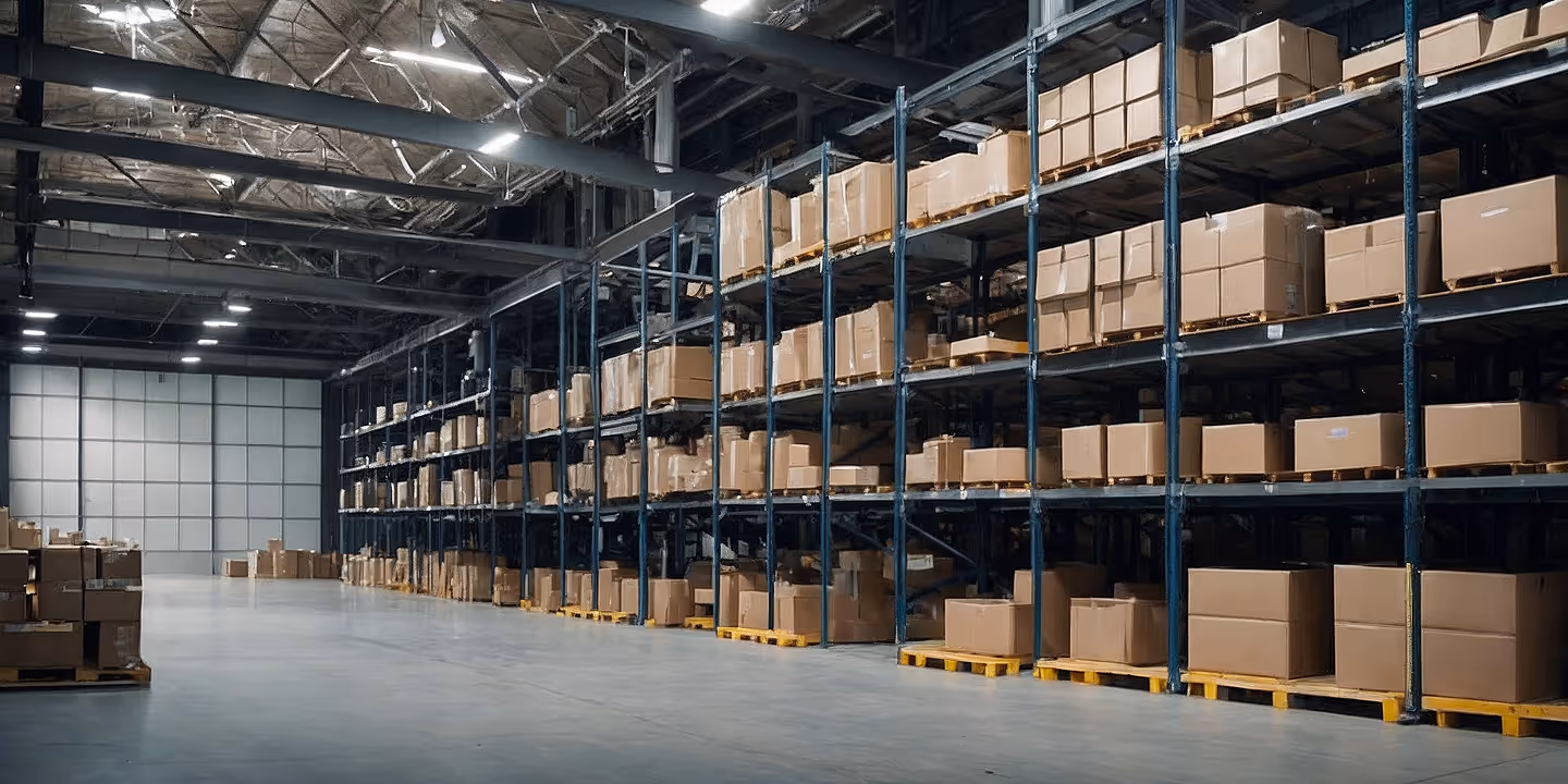 Wide warehouse interior with rows of metal shelving filled with brown cardboard boxes on pallets under bright industrial lighting.